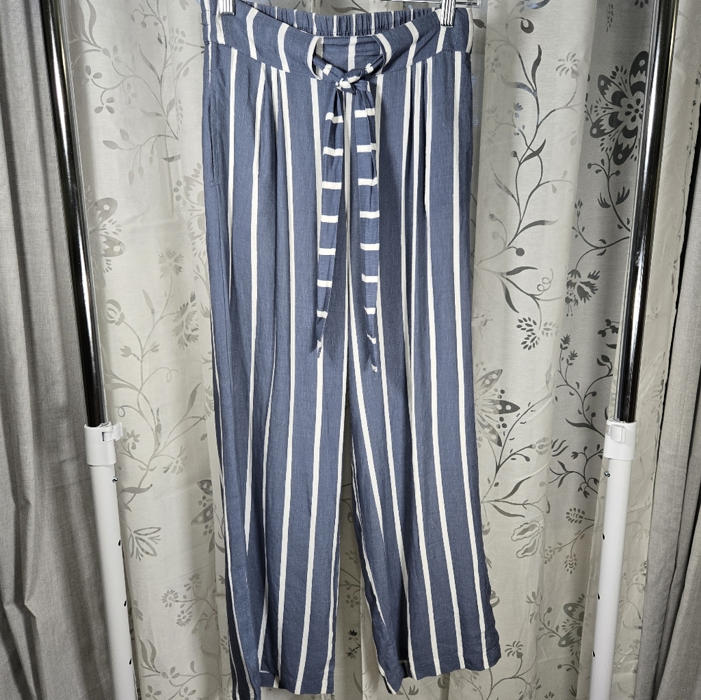 First Class Blue Striped Palazzo Pants Tie S‎ Crop, Lightweight Wide Leg Pants - Picture 2 of 8